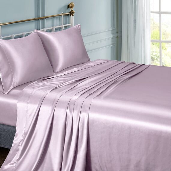 Vonty Satin-Bettlaken, seidig weiches Satin, luxuriöses Lavendel-Bettwäsche-Set, 1 Spannbettlaken mit tiefen Taschen + 1 Bettlaken + 1 Kissenbezug