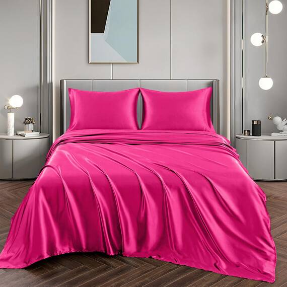 Vonty Satin-Bettlaken-Set, seidig weiches Satin, 1 Spannbettlaken mit tiefen Taschen, 1 Bettlaken und 1 Kissenbezüge, Hot Pink