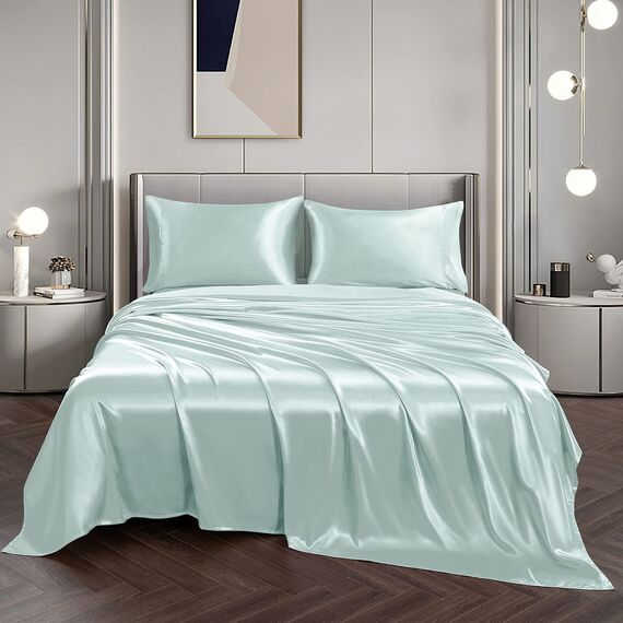 Vonty Satin-Bettlaken, Doppelbett, seidig, weiches Satin, Eisblau, Satin-Bettlaken-Set, 1 Spannbettlaken mit tiefen Taschen + 1 Bettlaken + 1 Kissenbezug