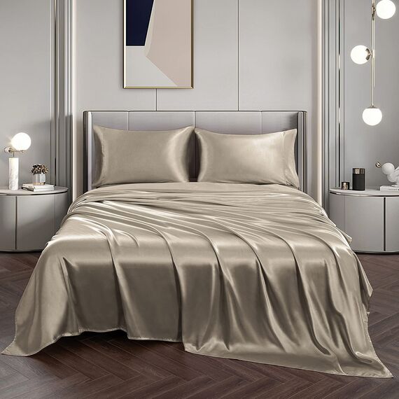 Vonty Satin-Bettlaken-Set, seidig weiches Satin, 1 Spannbettlaken mit tiefen Taschen + 1 Bettlaken + 1 Kissenbezug