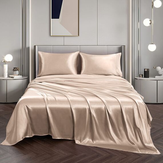 Vonty Satin-Bettlaken, Doppelbett, seidig, weiches Satin, bernsteinfarben, beige, Satin-Bettlaken-Set, 1 Spannbettlaken mit tiefen Taschen + 1 Bettlaken + 1 Kissenbezug