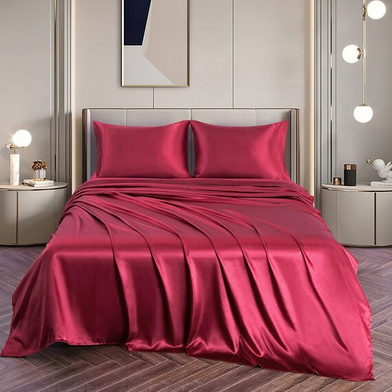 Vonty Satin-Bettlaken-Set, seidig weiches Satin, 1 Spannbettlaken mit tiefen Taschen, 1 Bettlaken und 1 Kissenbezug, Burgunderrot