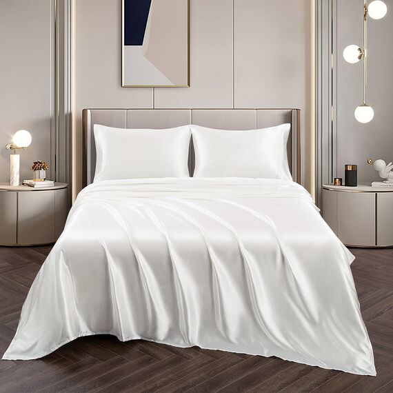 Vonty Satin-Bettlaken für Doppelbett, seidig weiches Satin, elfenbeinfarben, Weiß, 1 Spannbetttuch mit tiefer Tasche, 1 Bettlaken + 1 Kissenbezug