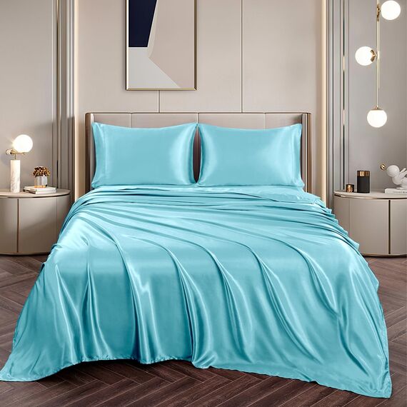 Vonty Satin-Bettlaken-Set, seidig, weiches Satin, 1 Spannbettlaken mit tiefen Taschen, 1 Bettlaken und 1 Kissenbezüge, Himmelblau