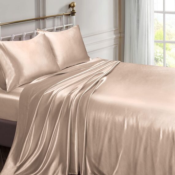 Vonty Satin-Bettlaken, Doppelbett, seidig, weiches Satin, bernsteinfarben, beige, Satin-Bettlaken-Set, 1 Spannbettlaken mit tiefen Taschen + 1 Bettlaken + 1 Kissenbezug