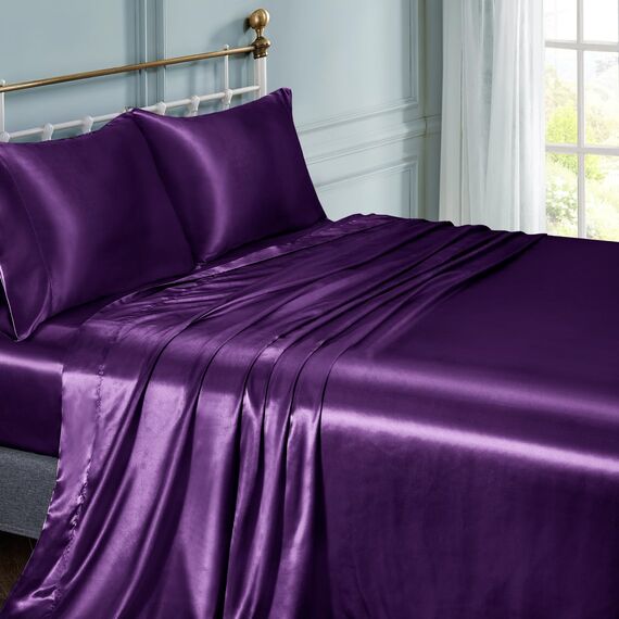 Vonty Satin-Bettlaken-Set, seidig weiches Satin, 1 Spannbettlaken mit tiefen Taschen + 1 Bettlaken + 1 Kissenbezug in Dunkelviolett