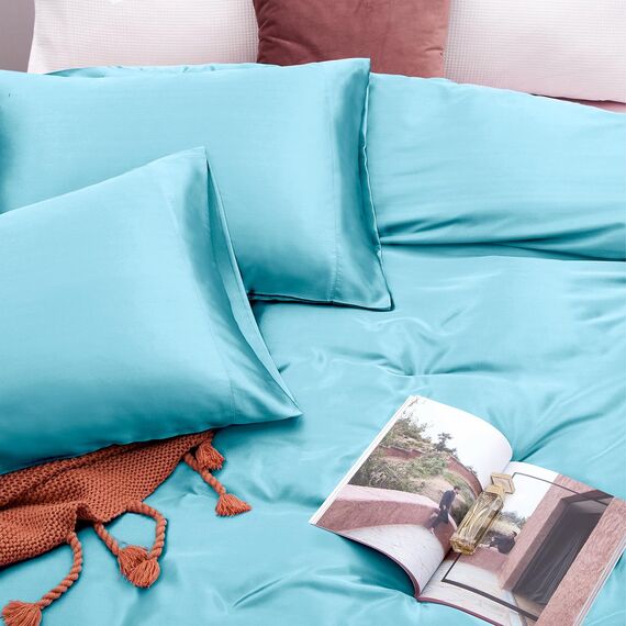 Vonty Satin-Bettlaken-Set, seidig, weiches Satin, 1 Spannbettlaken mit tiefen Taschen, 1 Bettlaken und 1 Kissenbezüge, Himmelblau