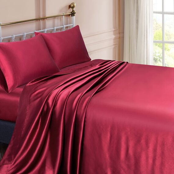 Vonty Satin-Bettlaken-Set, seidig weiches Satin, 1 Spannbettlaken mit tiefen Taschen, 1 Bettlaken und 1 Kissenbezug, Burgunderrot