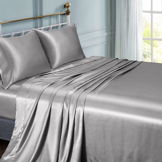 Vonty Satin-Bettlaken für Doppelbett, seidig weiches Satin, silbergrau, 1 Spannbetttuch mit tiefer Tasche, 1 Bettlaken + 1 Kissenbezug