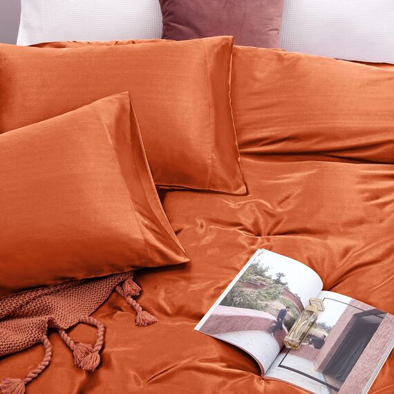 Vonty Satin Sheets Queen Silky Soft Satin Bed Sheets Burnt Orange Satin Sheets Set, 1 Deep Pocket Fitted Sheet + 1 Flat Sheet + 2 Pillowcases