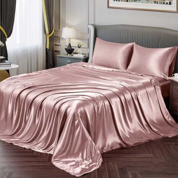 Vonty Bettwäsche-Set aus Satin, weich, für Queen-Size-Betten, 1 Spannbettlaken mit tiefen Taschen, 1 Bettlaken und 2 Kissenbezüge