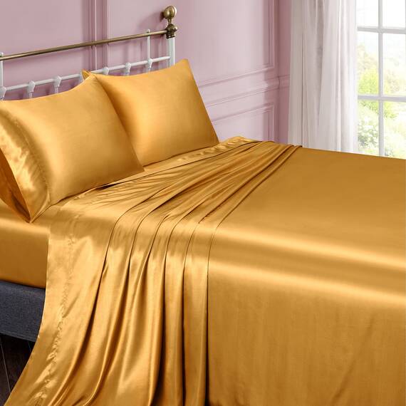 Vonty Satin-Bettlaken-Set, seidig weiches Satin, Gelbgold, 1 Spannbettlaken mit tiefen Taschen + 1 Bettlaken + 1 Kissenbezug