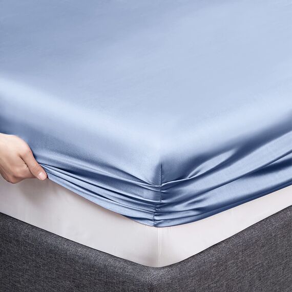 Vonty Satin-Bettlaken-Set, seidig weiches Satin, 1 Spannbettlaken mit tiefen Taschen + 1 Bettlaken + 1 Kissenbezug, Babyblau