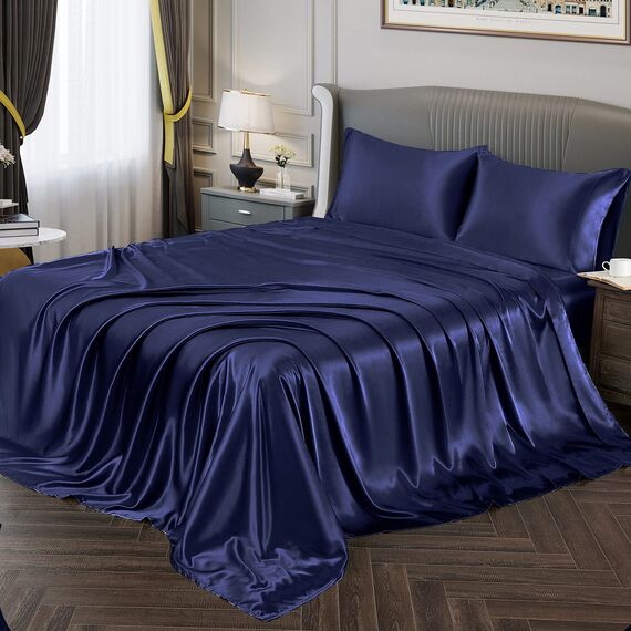 Vonty Satin Sheets California King Seidig weiches Satin-Bettwäsche-Set, 1 Spannbettlaken mit tiefen Taschen + 1 Bettlaken + 2 Kissenbezüge, Marineblau