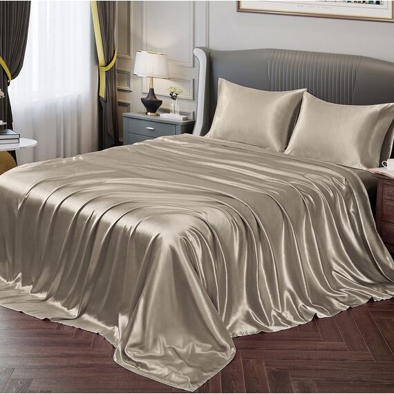 Vonty Satin-Bettlaken-Set, seidig weiches Satin, 1 Spannbettlaken mit tiefen Taschen + 1 Bettlaken + 1 Kissenbezug