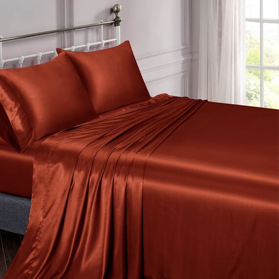 Vonty Satin Sheets California King Seidig weiches Satin-Bettwäsche-Set, 1 Spannbettlaken mit tiefen Taschen + 1 Bettlaken + 2 Kissenbezüge, Rostorange