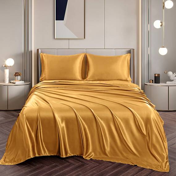 Vonty Satin-Bettlaken-Set, seidig weiches Satin, Gelbgold, 1 Spannbettlaken mit tiefen Taschen + 1 Bettlaken + 1 Kissenbezug