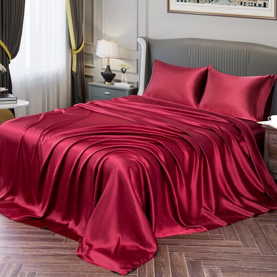 Vonty Satin-Bettlaken-Set, Queen-Size-Größe, seidig weiches Satin-Bettwäsche-Set, 1 Spannbettlaken mit tiefen Taschen + 1 Bettlaken + 2 Kissenbezüge, Burgunderrot