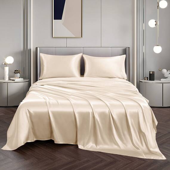 Vonty Satin Sheets California King Seidig weiches Satin-Bettwäsche-Set, 1 Spannbettlaken mit tiefen Taschen + 1 Bettlaken + 2 Kissenbezüge, Beige