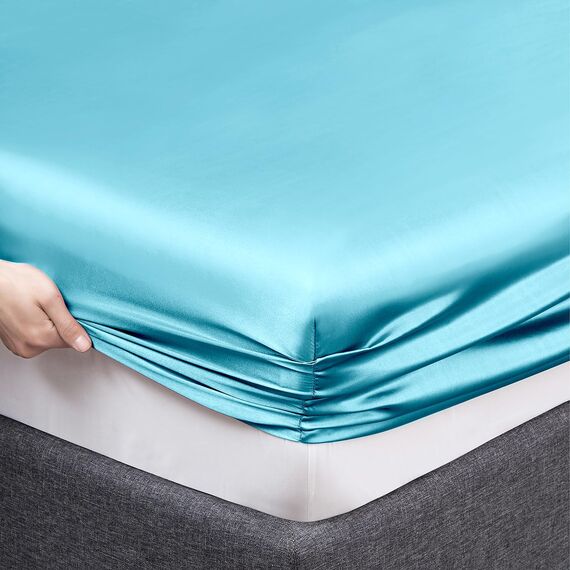 Vonty Satin-Bettlaken, Queen-Size-Größe, seidig weiches Satin-Bettwäsche-Set, 1 Spannbettlaken mit tiefen Taschen + 1 Bettlaken + 2 Kissenbezüge, Himmelblau