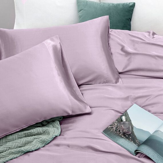 Vonty Satin-Bettlaken, Queen-Size-Größe, seidig weiches Satin, luxuriöses Lavendel-Satin-Bettlaken-Set, 1 tiefes Spannbetttuch + 1 Bettlaken + 2 Kissenbezüge