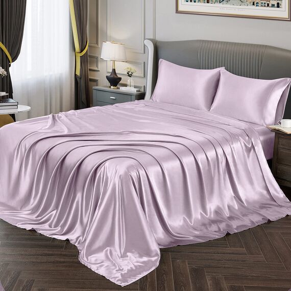Vonty Satin-Bettlaken, Queen-Size-Größe, seidig weiches Satin, luxuriöses Lavendel-Satin-Bettlaken-Set, 1 tiefes Spannbetttuch + 1 Bettlaken + 2 Kissenbezüge
