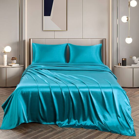 Vonty Satin-Bettlaken für Queen-Size-Bett, seidig weiches Satin, Blaugrün, 1 Spannbetttuch mit tiefer Tasche, 1 Bettlaken + 2 Kissenbezüge