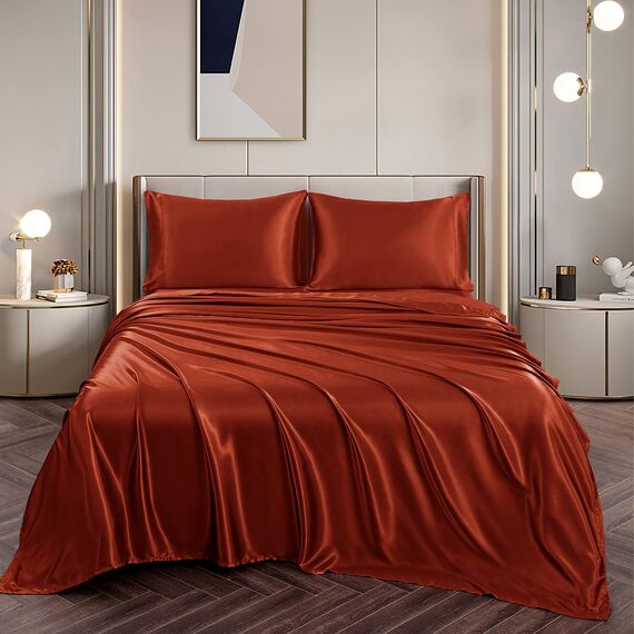 Vonty Satin Sheets California King Seidig weiches Satin-Bettwäsche-Set, 1 Spannbettlaken mit tiefen Taschen + 1 Bettlaken + 2 Kissenbezüge, Rostorange