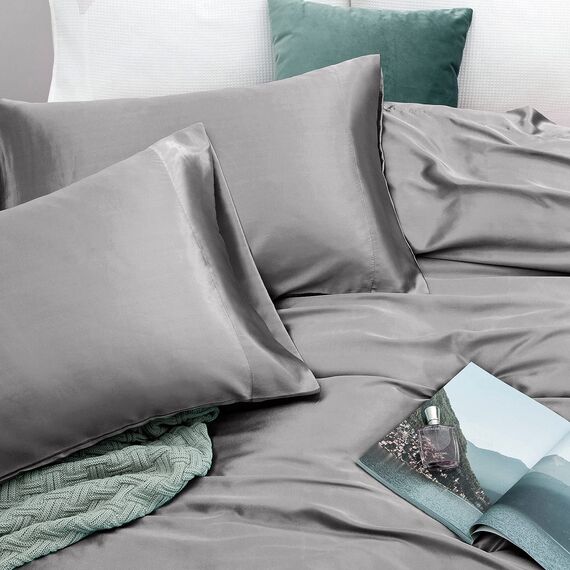 Vonty Satin-Bettlaken für Doppelbett, seidig weiches Satin, silbergrau, 1 Spannbetttuch mit tiefer Tasche, 1 Bettlaken + 1 Kissenbezug