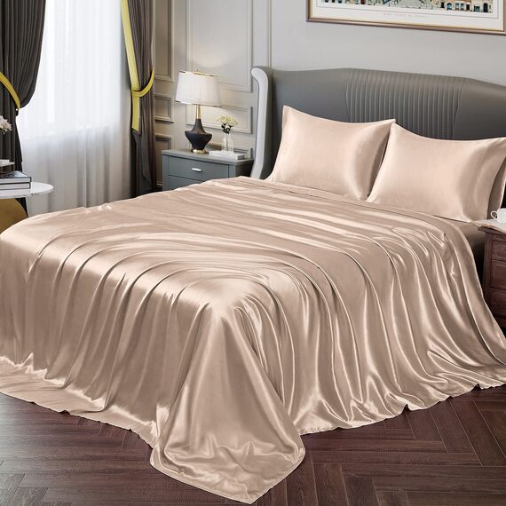 Vonty Satin-Bettlaken, Doppelbett, seidig, weiches Satin, bernsteinfarben, beige, Satin-Bettlaken-Set, 1 Spannbettlaken mit tiefen Taschen + 1 Bettlaken + 1 Kissenbezug