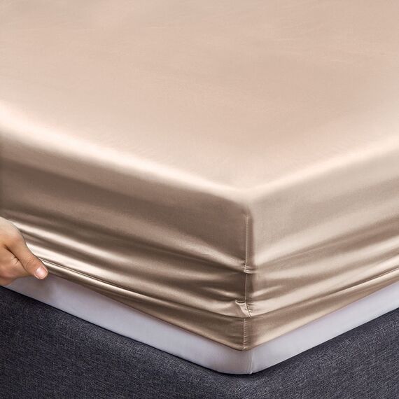 Vonty Satin-Bettlaken, Doppelbett, seidig, weiches Satin, bernsteinfarben, beige, Satin-Bettlaken-Set, 1 Spannbettlaken mit tiefen Taschen + 1 Bettlaken + 1 Kissenbezug