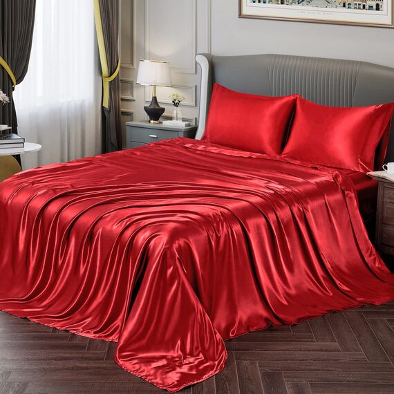 Vonty Satin-Bettlaken-Set, seidig weiches Satin, 1 Spannbettlaken mit tiefen Taschen, 1 Bettlaken und 1 Kissenbezug, Rot