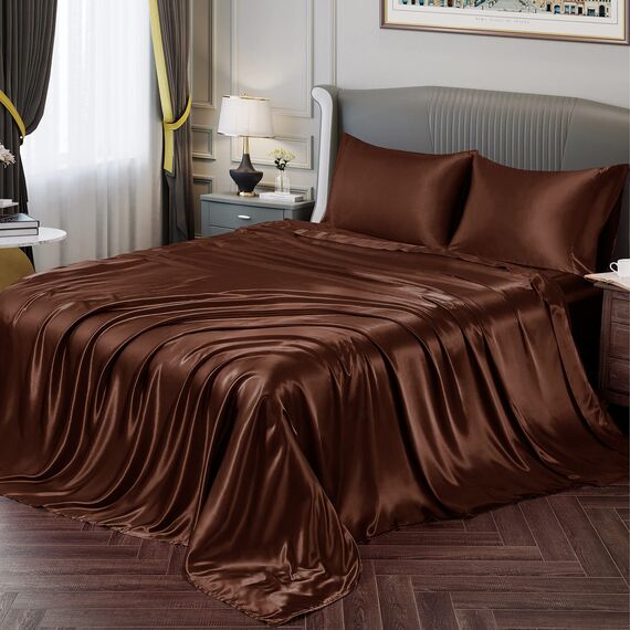 Vonty Satin-Bettlaken, Queen-Size-Bett, seidig, weiches Satin-Bettwäsche-Set, 1 Spannbettlaken mit tiefen Taschen + 1 Bettlaken + 2 Kissenbezüge, Braun