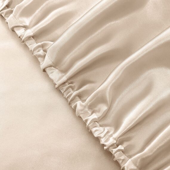 Vonty Satin-Bettlaken-Set für Doppelbett, seidig, weiches Satin-Bettwäsche-Set, 1 Spannbettlaken mit tiefen Taschen, 1 Bettlaken und 1 Kissenbezug, Beige