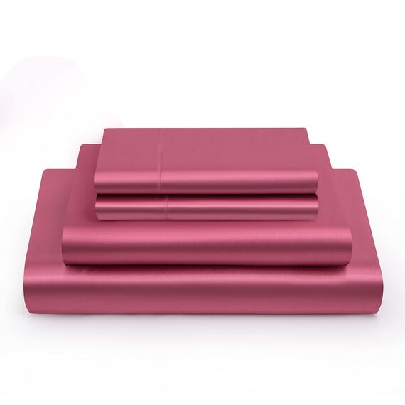 Vonty Satin-Bettlaken, volle Größe, seidig-weiches Satin-Bettwäsche-Set, 1 Spannbettlaken mit tiefen Taschen + 1 Bettlaken + 2 Kissenbezüge, Hellweinrot