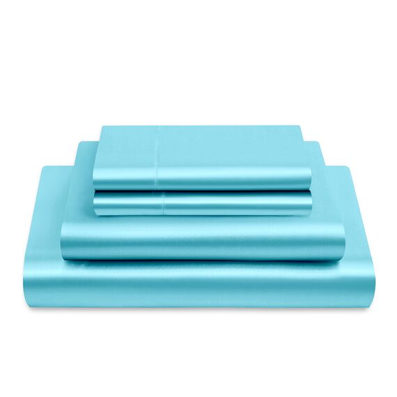 Vonty Satin-Bettlaken, volle Größe, seidig, weiches Satin-Bettwäsche-Set, 1 Spannbettlaken mit tiefen Taschen + 1 Bettlaken + 2 Kissenbezüge, Himmelblau