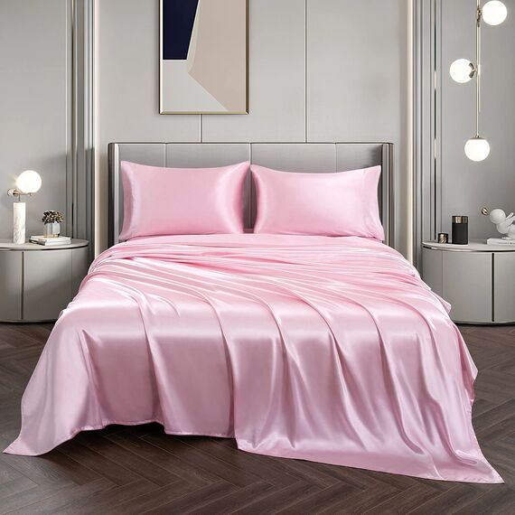Vonty Satin-Bettlaken, volle Größe, seidig-weiches Satin-Bettwäsche-Set, 1 Spannbettlaken mit tiefen Taschen + 1 Bettlaken + 2 Kissenbezüge, Rosa