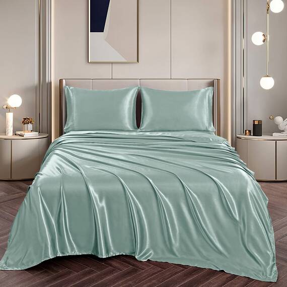 Vonty Satin-Bettwäsche-Set, seidig-weiches Satin, Mintgrün, 1 Spannbettlaken mit tiefen Taschen + 1 Bettlaken + 2 Kissenbezüge