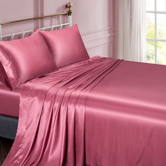 Vonty Satin-Bettlaken, volle Größe, seidig-weiches Satin-Bettwäsche-Set, 1 Spannbettlaken mit tiefen Taschen + 1 Bettlaken + 2 Kissenbezüge, Hellweinrot