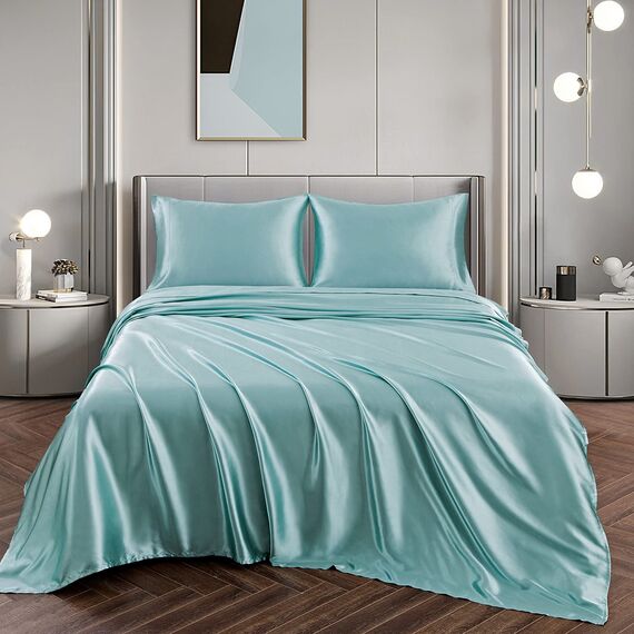 Vonty Satin-Bettlaken-Set, volle Größe, seidig-weiches Satin-Bettwäsche-Set, 1 Spannbettlaken mit tiefen Taschen + 1 Bettlaken + 2 Kissenbezüge