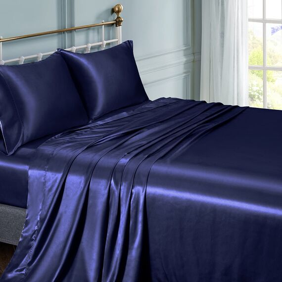 Vonty Satin-Bettlaken-Set, Queen-Size, 4-teilig: 1 Spannbetttuch mit tiefer Tasche, 1 Bettlaken + 2 Kissenbezüge in Marineblau, Rosa, Schwarz