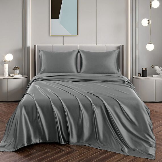 Vonty Satin-Bettlaken in voller Größe, seidig weiches Satin-Bettlaken-Set, 1 Spannbetttuch mit tiefer Tasche, 1 Bettlaken + 2 Kissenbezüge