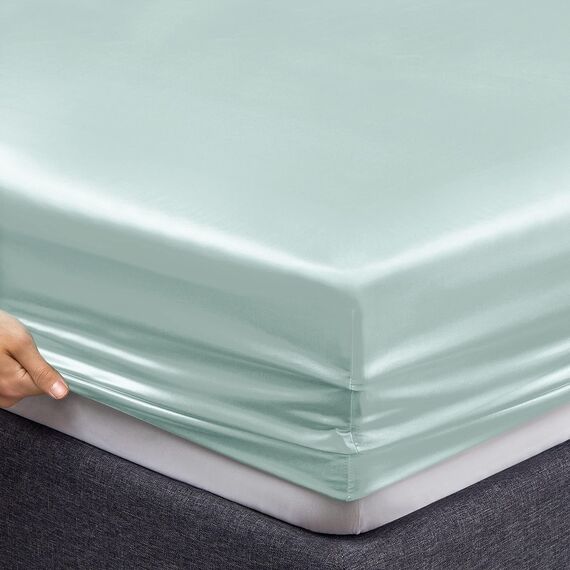 Vonty Satin-Bettlaken-Set, seidig, weiches Satin, Eisblau, 1 Spannbettlaken mit tiefen Taschen + 1 Bettlaken + 2 Kissenbezüge