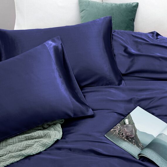 Vonty Satin-Bettlaken, volle Größe, seidig-weiches Satin-Bettwäsche-Set, 1 Spannbettlaken mit tiefen Taschen + 1 Bettlaken + 2 Kissenbezüge, Marineblau