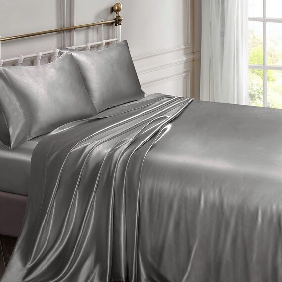 Vonty Satin Sheets Queen Silky Soft Satin Bed Sheets Misty Gray Satin Sheet Set, 1 Deep Pocket Fitted Sheet + 1 Flat Sheet + 2 Pillowcases