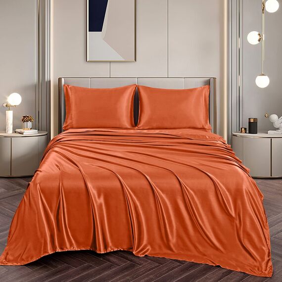 Vonty Satin-Bettlaken, seidig, weiches Satin-Bettwäsche-Set, 1 Spannbettlaken mit tiefen Taschen + 1 Bettlaken + 2 Kissenbezüge, Orange