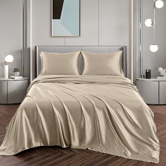 Vonty Satin-Bettwäsche-Set, Queen-Size-Größe, seidig, weich, Taupe, 1 Spannbettlaken mit tiefen Taschen + 1 Bettlaken + 2 Kissenbezüge