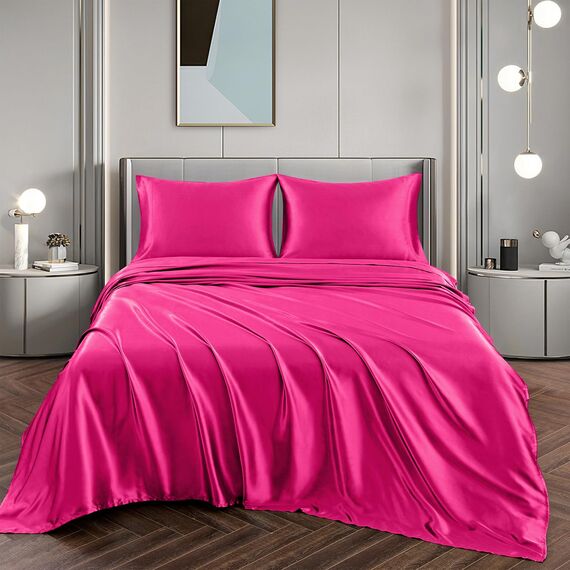 Vonty Satin-Bettlaken, volle Größe, seidig-weiches Satin-Bettwäsche-Set, 1 tiefes Spannbetttuch + 1 Bettlaken + 2 Kissenbezüge, Hot Pink