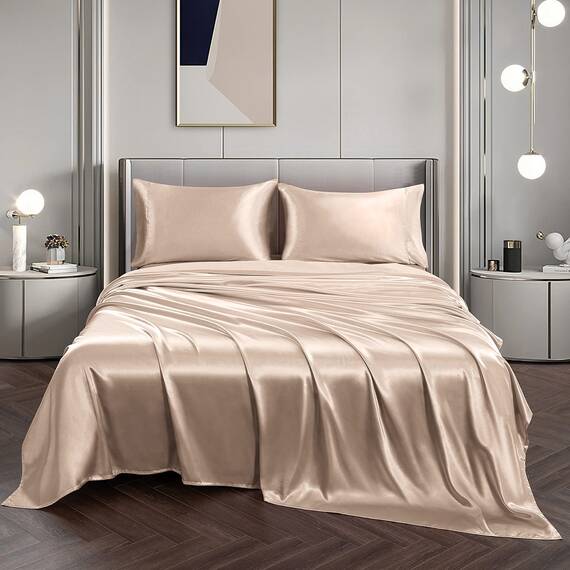 Vonty Satin Sheets King Silky Soft Satin Bed Sheets Amber Beige Sheet Set, 1 Deep Pocket Fitted Sheet + 1 Flat Sheet + 2 Pillowcases