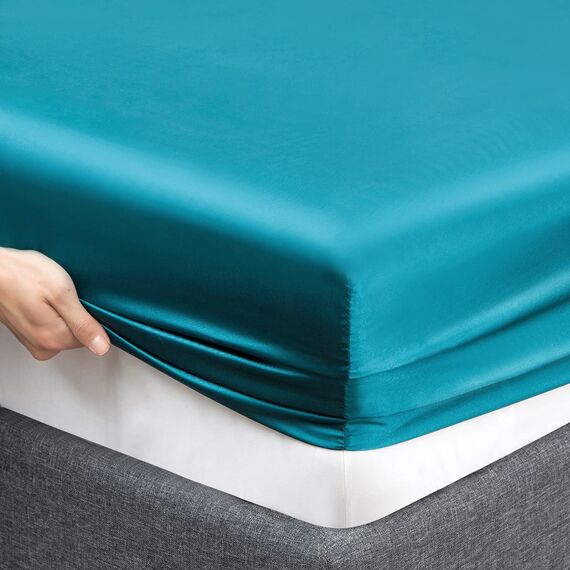 Vonty Seidig weiches Satin-Bettwäsche-Set für Kingsize-Bett (180 x 200 cm), Blaugrün, 1 tiefes Spannbetttuch + 1 Bettlaken + 2 Kissenbezüge